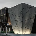 Modern Architectural Building Design With Geometric Stone Facade And Glass Windows