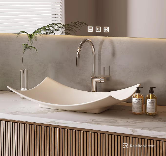 Elegant White Bathroom Sink With Modern Faucet On Marble Countertop And Soap Bottles 3d model 