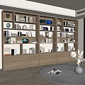 Modern Wooden Bookcase With Books Decorative Items Floor Lamp And Round Rug Near Window