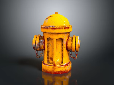 Yellow Rusted Fire Hydrant With Chain Details And Bottom Reflection On Dark Surface 3d model