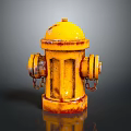 Yellow Rusted Fire Hydrant With Chain Details And Bottom Reflection On Dark Surface