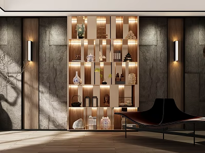 Elegant Modern Lounge Chair In Interior With Decorative Shelves And Wall Lighting 3d model