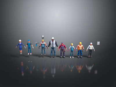 Various Male Figurines Of Different Professions Wearing Safety Helmets And Work Clothes 3d model