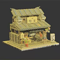 Traditional Japanese Building Model With Blue Tiled Roof Shop Sign And Decorative Figures