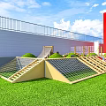 Children's Play Area With Green Lawn Wooden Climbers Colorful Circle Wall And Net Fences