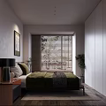 Modern Bedroom Interior With Bed Nightstand Table Lamp Artwork Blinds Rug And Wooden Floor
