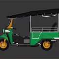 Green Three Wheeled Tuk Tuk With Black Roof And Orange Wheels