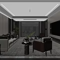 Modern Living Dining Room Interior With Beige Sofa Brown Armchair And City View Window