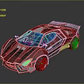 Shiny Red Futuristic Sports Car With Geometric Body Streamlined Shape Blue Headlights And Rear Spoiler