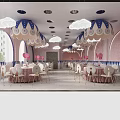 Modern Banquet Hall Featuring Blue Pink Walls Large Decorative Pendant Lights White Chairs And Round Tables