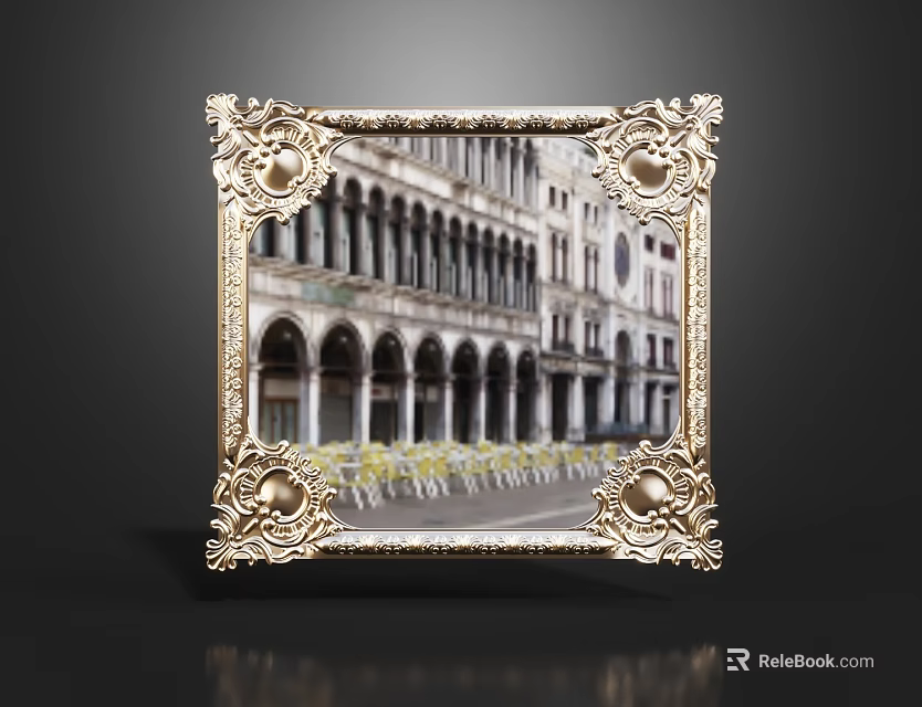 Ornate Gold Framed Mirror Reflecting Historic Archway Building With Rows of Chairs 3d model 