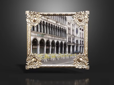 Ornate Gold Framed Mirror Reflecting Historic Archway Building With Rows of Chairs 3d model