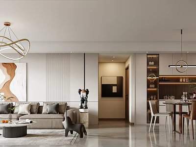Modern Dining and Living Room with Chandelier Sofa Dining Table and Artwork 3d model