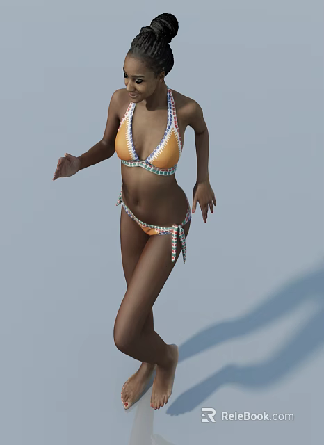 Woman Wearing Orange Bikini With Shiny Decorations Walking On Light Blue Background 3d model 