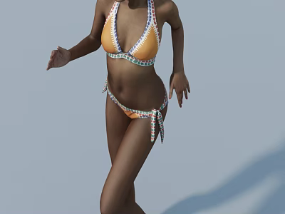 Woman Wearing Orange Bikini With Shiny Decorations Walking On Light Blue Background 3d model
