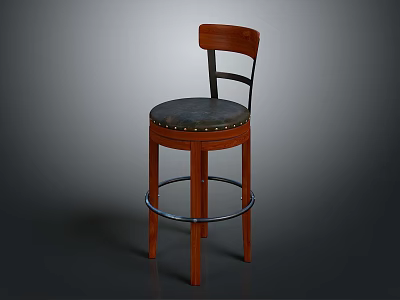 Wooden Bar Stool With Leather Seat And Metal Footrest Backrest Design 3d model