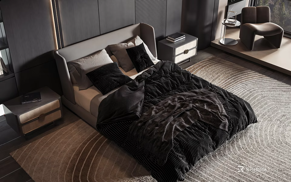 Double Bed with Black Comforter and Pillows in Modern Bedroom with Nightstands and Rug 3d model 