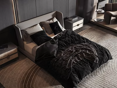 Double Bed with Black Comforter and Pillows in Modern Bedroom with Nightstands and Rug 3d model
