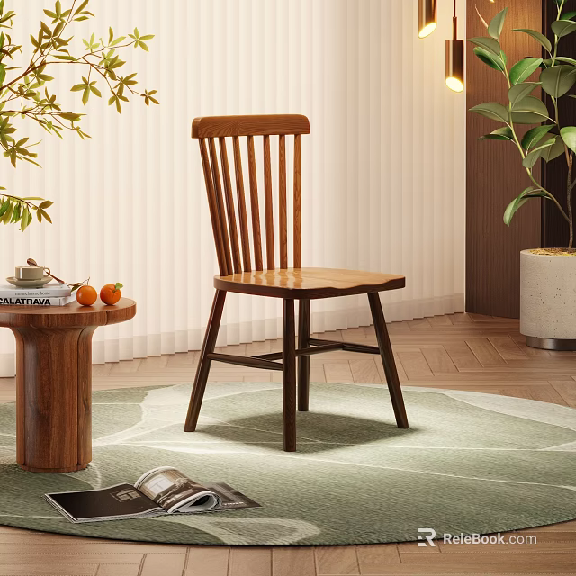 Wooden Dining Chair In Modern Living Space With Small Table Green Plants And Rug 3d model 