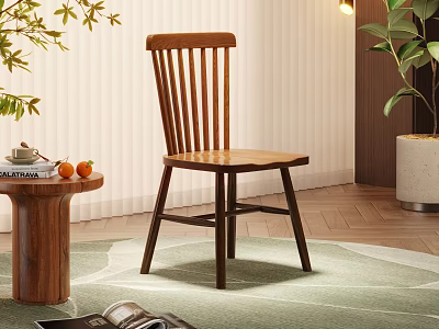 Wooden Dining Chair In Modern Living Space With Small Table Green Plants And Rug 3d model
