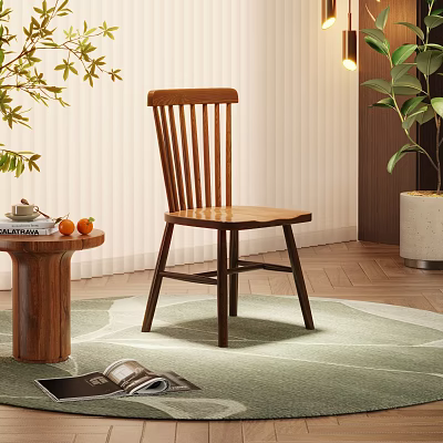 Wooden Dining Chair In Modern Living Space With Small Table Green Plants And Rug 3d model