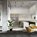 Modern Public Office Space with Open Layout Green Plants Sofa Seating and Pendant Lights