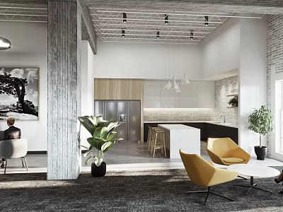 Modern Public Office Space with Open Layout Green Plants Sofa Seating and Pendant Lights 3d model