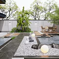Serene Courtyard Garden Design With Stone Terrace Water Feature Outdoor Seating And Lush Plants