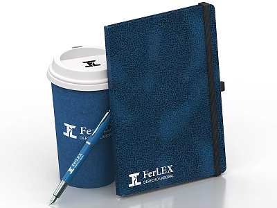 Blue FedEx Notebook With Logo Alongside Coffee Cup And Pen 3d model