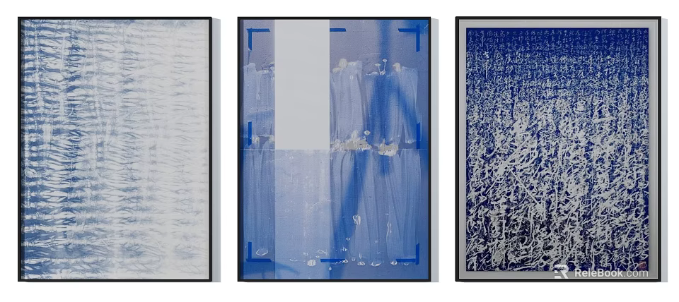 Three Blue And White Abstract Artworks With Textured Patterns In Black Frames 3d model