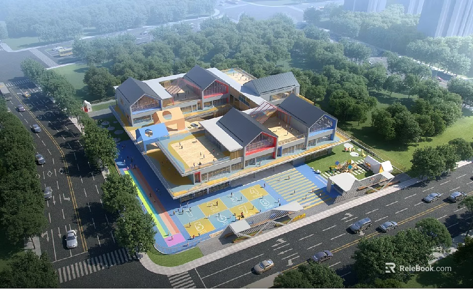 Modern Multi Story School Building With Colorful Playground And Green Surroundings 3d model 