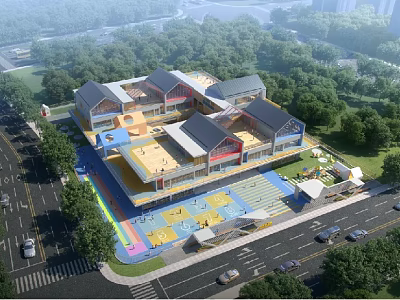 Modern Multi Story School Building With Colorful Playground And Green Surroundings 3d model