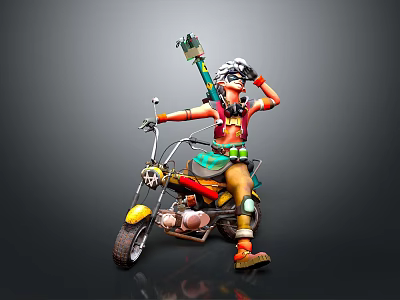 Fantasy Character In Orange Outfit Riding Yellow Motorcycle With Skull Decoration And Green Weapon 3d model