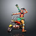 Fantasy Character In Orange Outfit Riding Yellow Motorcycle With Skull Decoration And Green Weapon