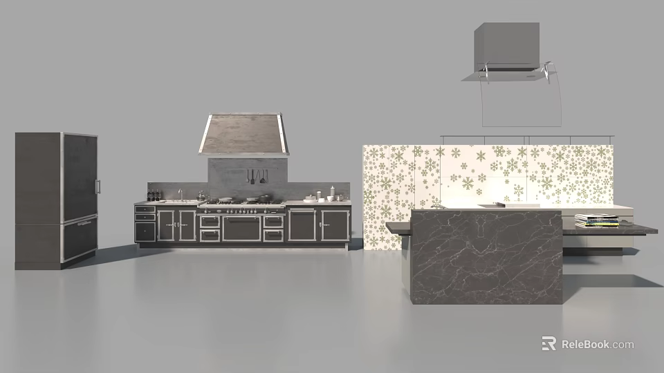 Modern Open Kitchen Interior With Cabinets Island Counter And Wall Decor 3d model 
