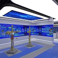 Modern Exhibition Hall Interior With Blue Flooring White Ceiling Display Screens And Counters