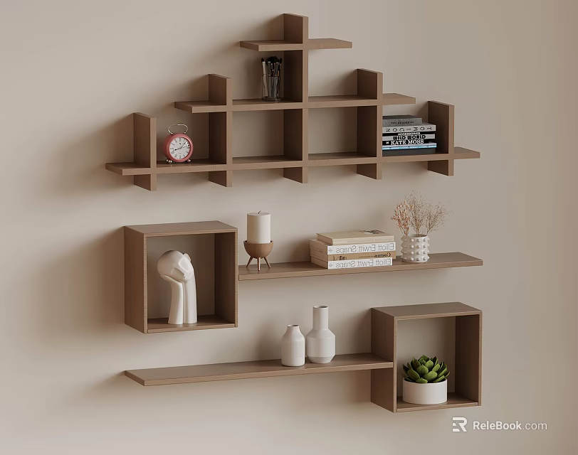 Wooden Wall Shelves With Multi Tiered Design Featuring Decorative Clock Books Sculpture Vases And Plant 3d model 