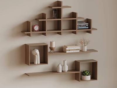 Wooden Wall Shelves With Multi Tiered Design Featuring Decorative Clock Books Sculpture Vases And Plant 3d model