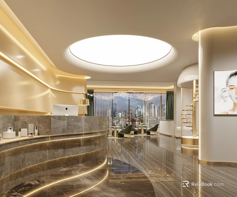 Elegant Modern Beauty Hair Salon Interior With Marble Reception Desk Large Windows And City View 3d model 
