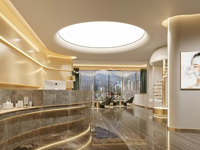Elegant Modern Beauty Hair Salon Interior With Marble Reception Desk Large Windows And City View 3d model