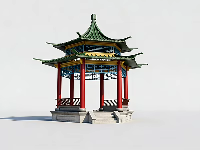 Ancient Chinese Pavilion With Green Multi tiered Roof Red Pillars Carved Railings And Stone Steps 3d model