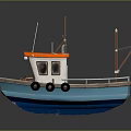 Small Boat With Orange Roof White Cabin Blue Hull Black Tires And Red Green Lights