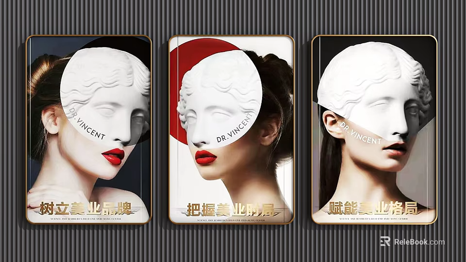 Three Panel Poster Art Featuring Classical Statue Heads Colored Backgrounds And Golden Frames 3d model 