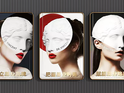 Three Panel Poster Art Featuring Classical Statue Heads Colored Backgrounds And Golden Frames 3d model