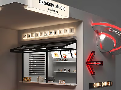 Chill Coffee Neon Billboard With Arrow Sign And Display Counter In Studio 3d model