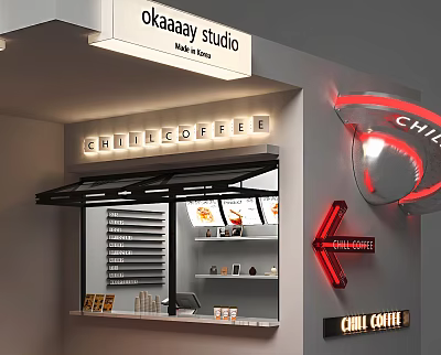 Chill Coffee Neon Billboard With Arrow Sign And Display Counter In Studio 3d model