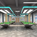 Shopping Mall Store With Multiple Pool Tables Bright Interior Blue Light Strips And Large Windows