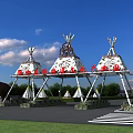 Tipi Shaped Entrance Gate With Decorative Patterns And Bear Statues Under Blue Sky 3d model