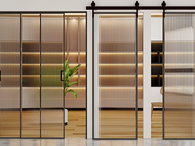 Modern Interior Design With Stylish Sliding Doors Glass Panels Warm Lighting And Plant 3d model