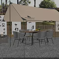 Cozy Camping Site With Beige Tent Table Chairs Fire Pit Bamboo Fence And Chinese Calligraphy Banners
